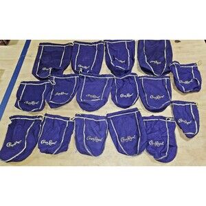 Crown Royal Drawstring Bags Lot of 16 various sizs PURPLE GOLD TRIM PULLSTRING
